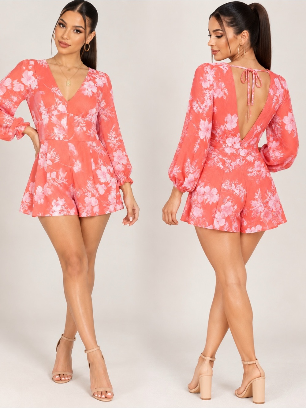 miami Coral and White Floral V-Neck Romper